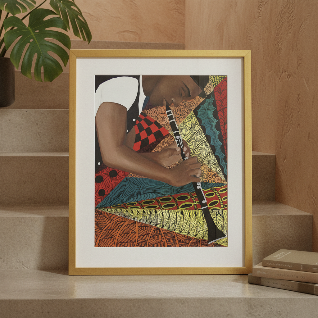 Tangle Clarinet framed giclee print — Black clarinet player jazz art by Antionette Simmons Hodges (1)