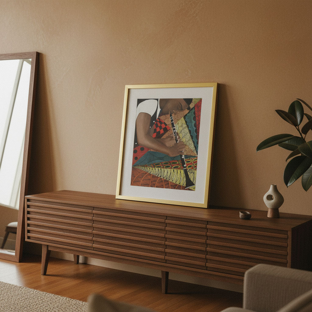 Tangle Clarinet framed giclee print — Black clarinet player jazz art by Antionette Simmons Hodges (2)