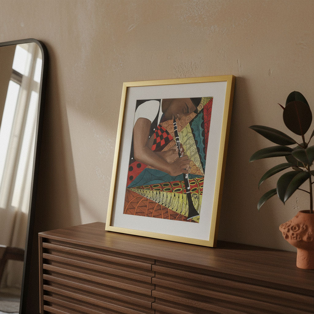 Tangle Clarinet framed giclee print — Black clarinet player jazz art by Antionette Simmons Hodges (6)