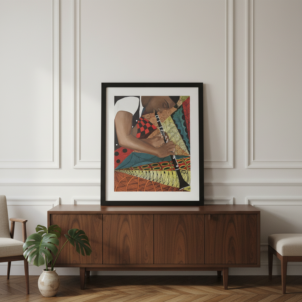 Tangle Clarinet framed giclee print — Black clarinet player jazz art by Antionette Simmons Hodges (7)
