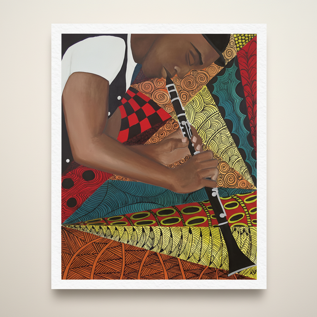 Tangle Clarinet framed giclee print — full artwork, Black musician jazz art by Antionette Simmons Hodges
