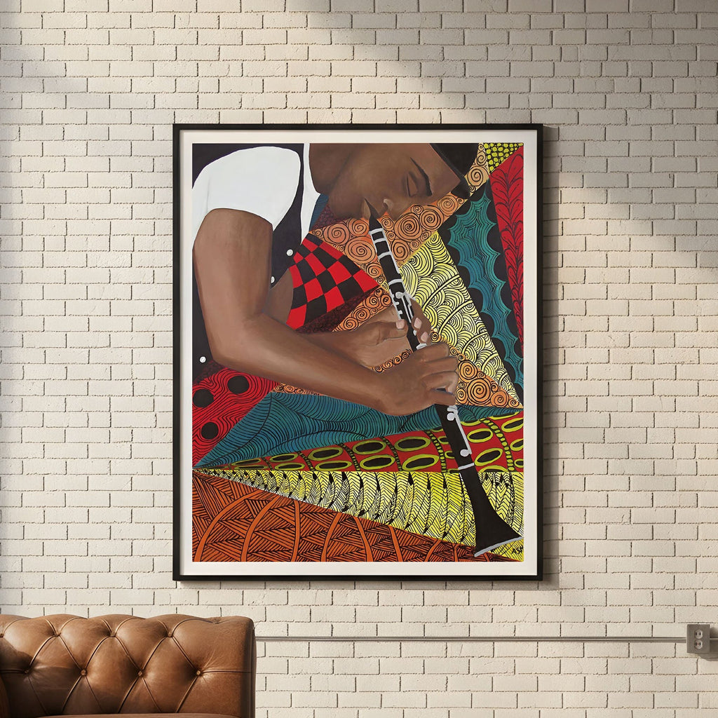 Colorful abstract clarinet player painting on a white brick wall in a modern living room.