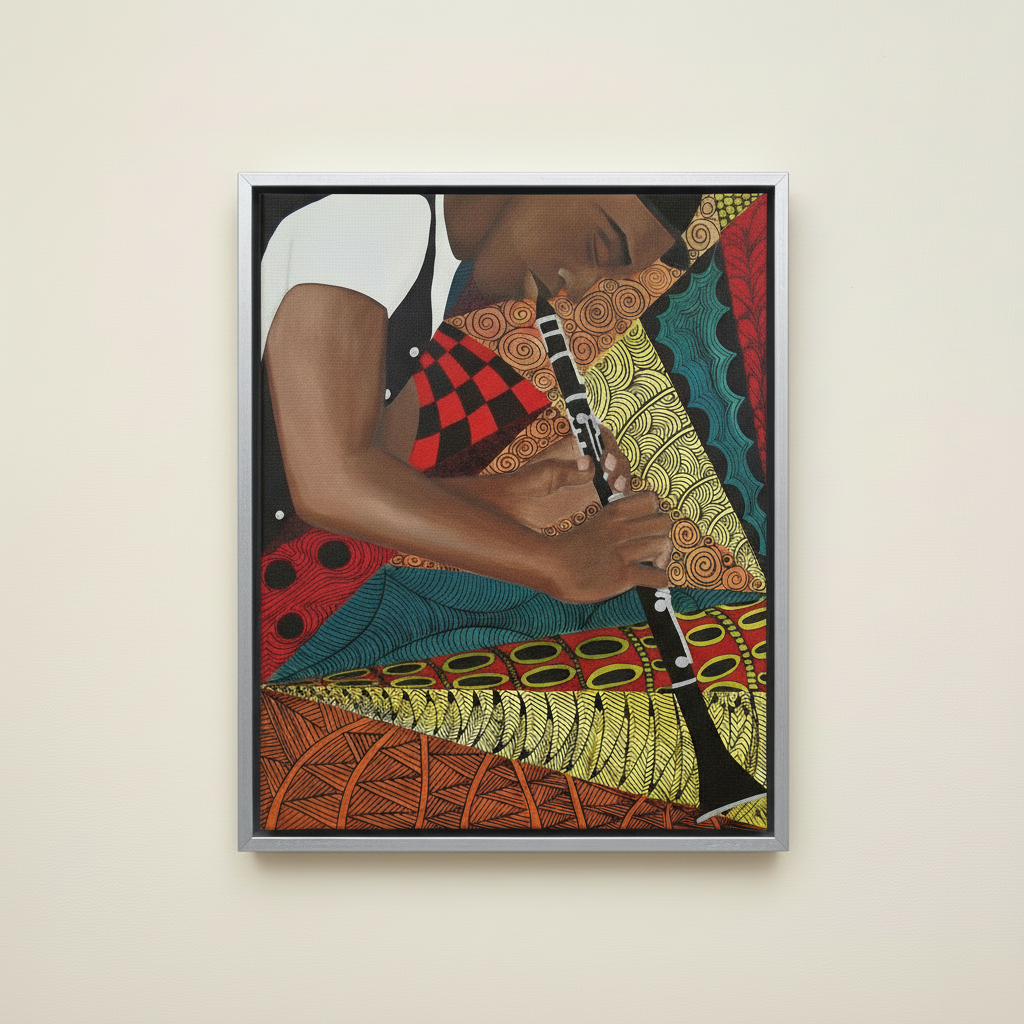 Tangle Clarinet — Framed Canvas Print, Silver
