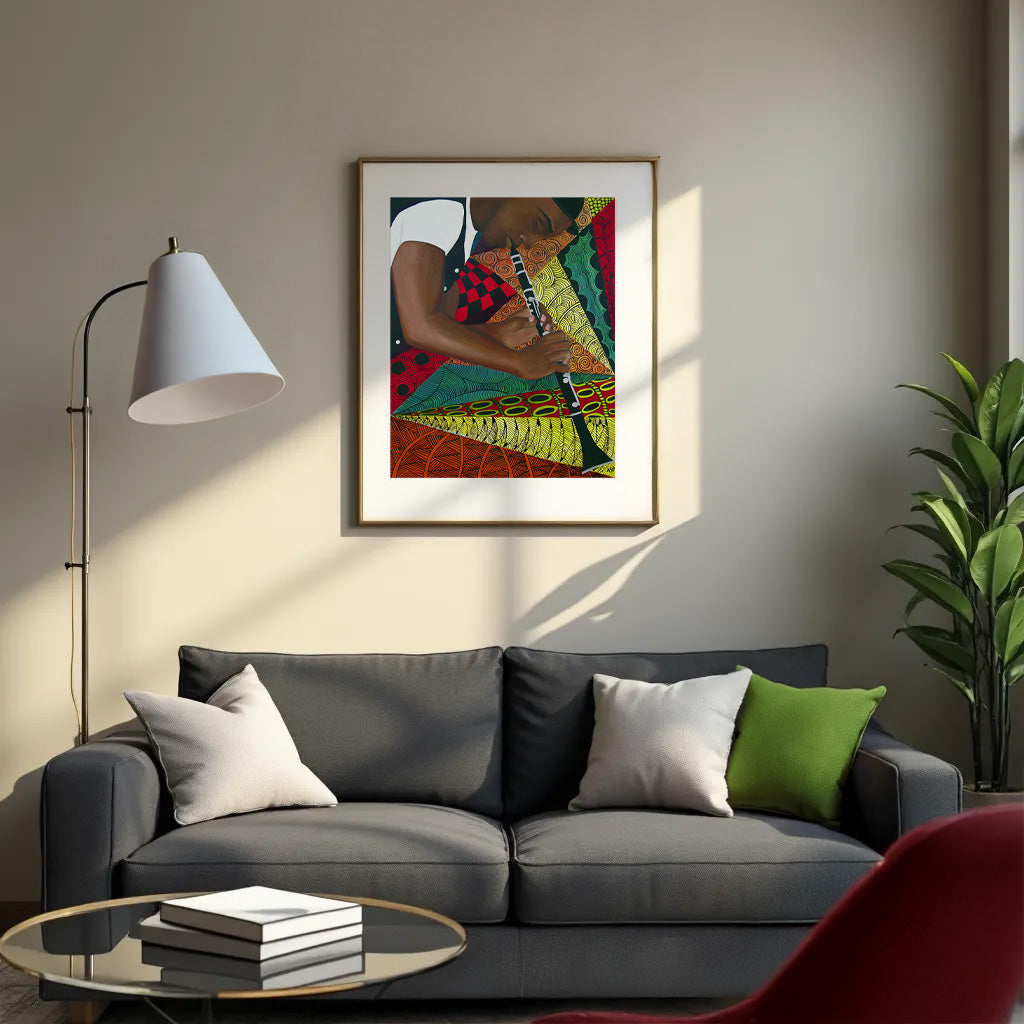 Tangle Clarinet giclee print in a living room with gray sofa — abstract jazz clarinetist art