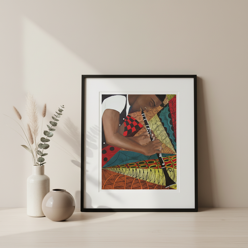 Tangle Clarinet giclee print — abstract jazz clarinetist art in minimal tabletop display, black frame