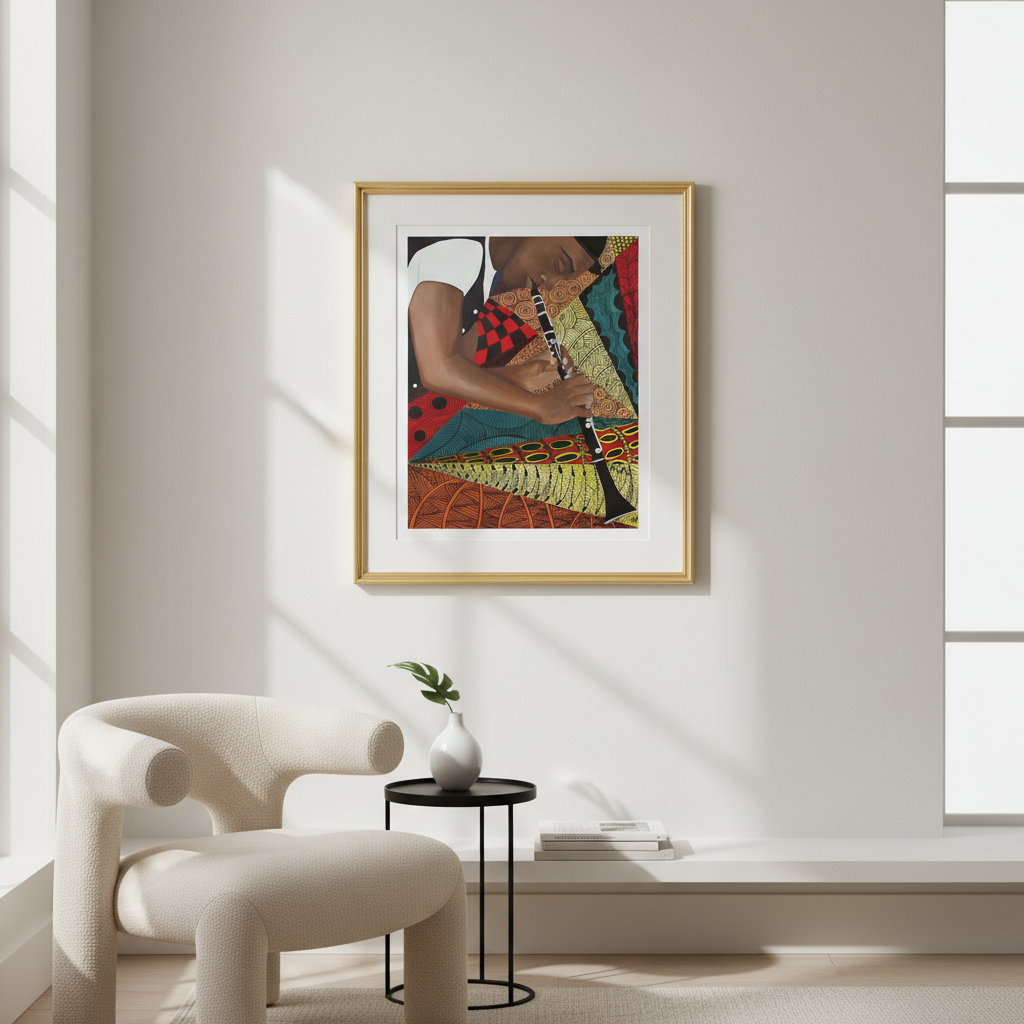 Tangle Clarinet giclee print — abstract jazz clarinetist art in a modern living room, gold frame