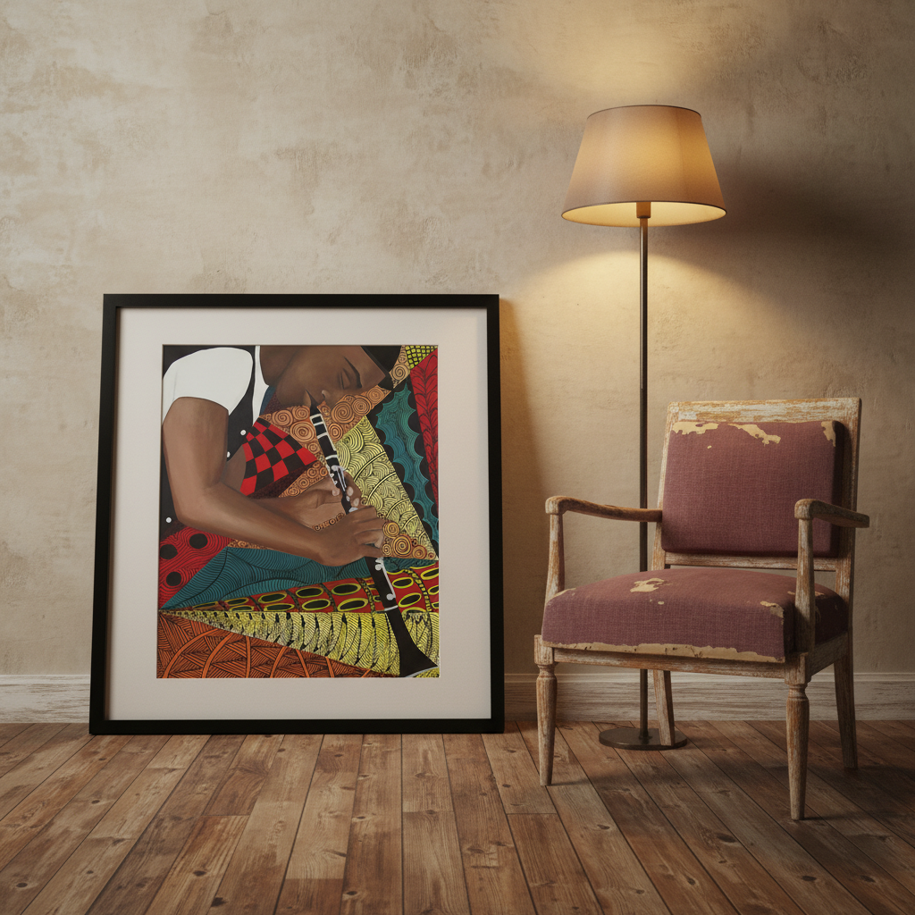 Tangle Clarinet giclee print — abstract jazz clarinetist art in a vintage vignette, black frame