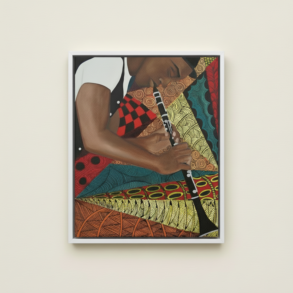 Tangle Clarinet — Framed Canvas Print, White