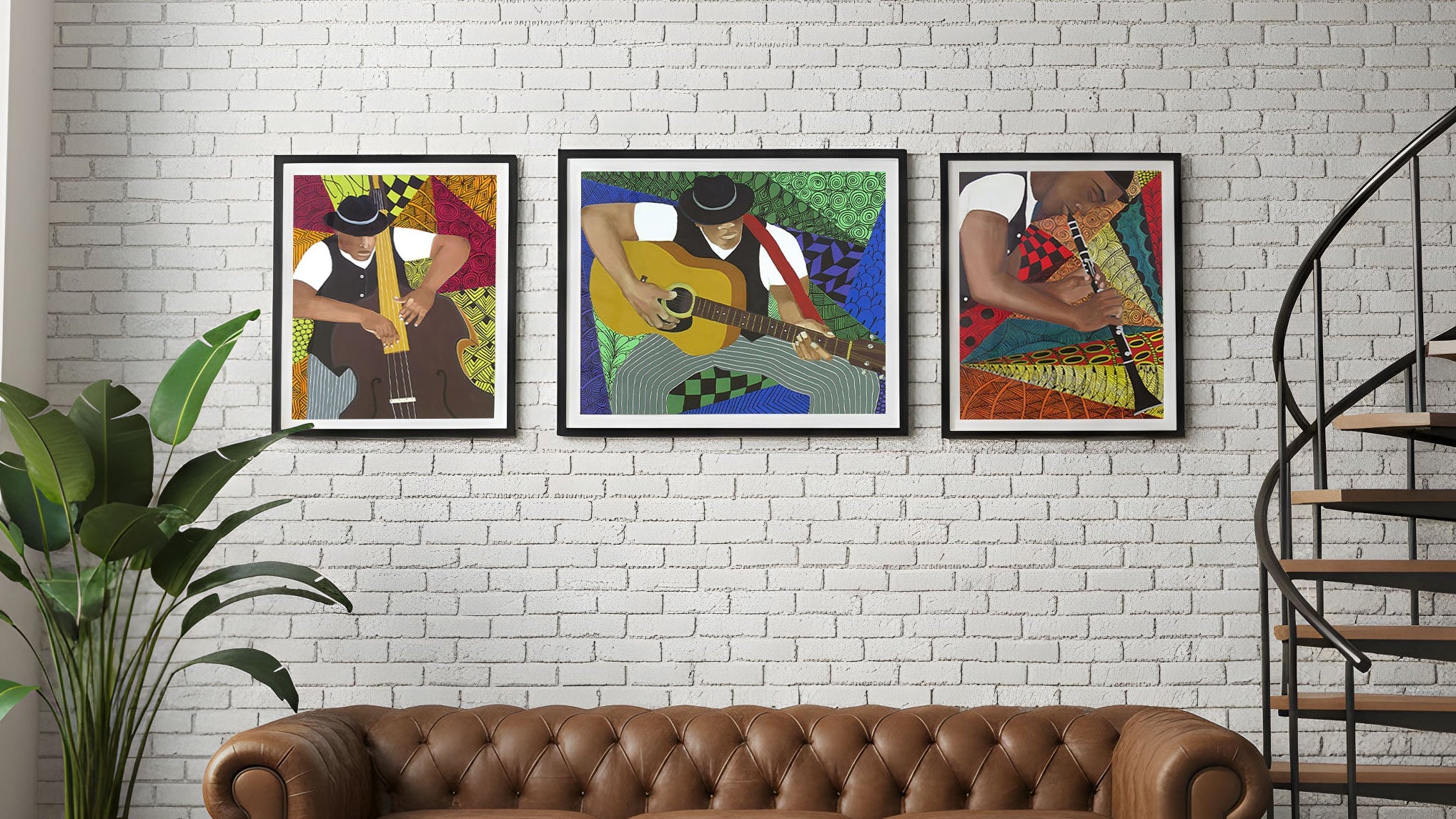 Living room with a brown leather sofa, colorful paintings on a white brick wall, and a spiral staircase.