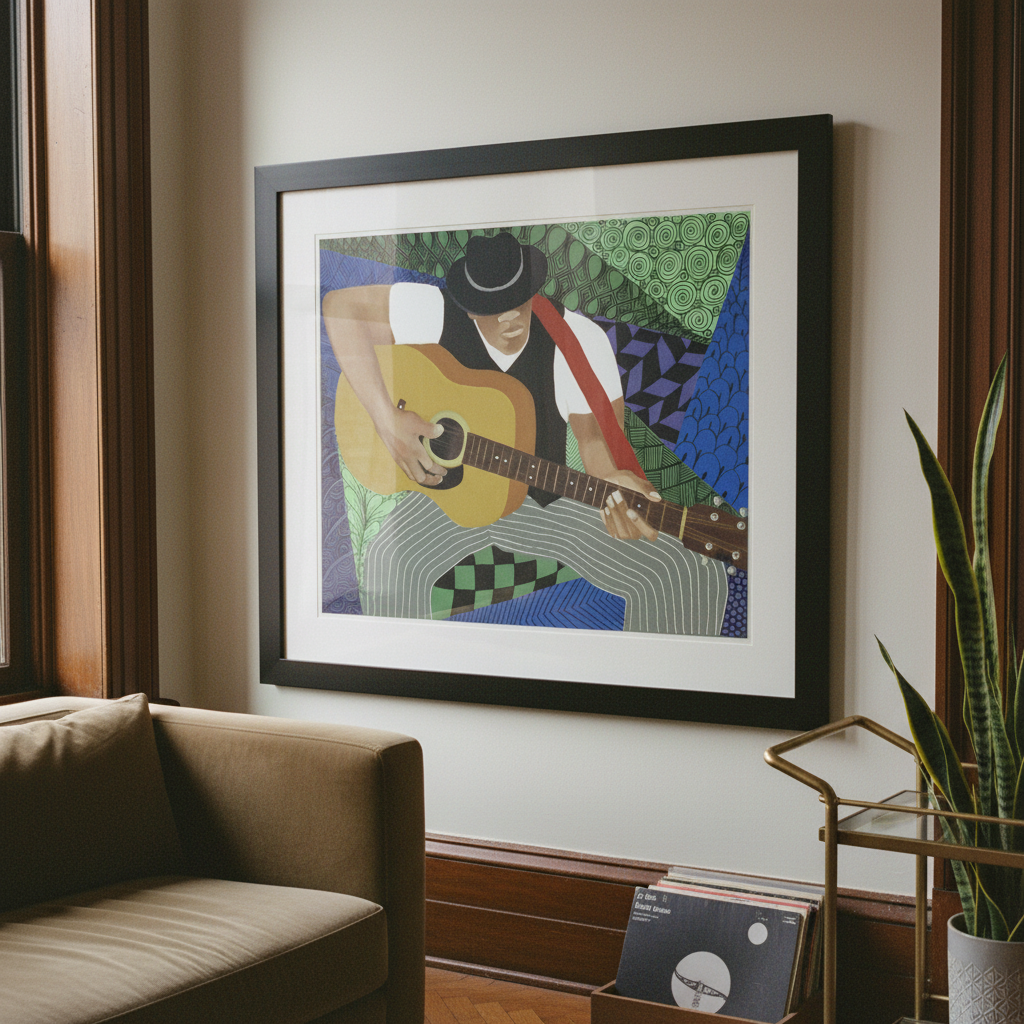 Tangle Guitar framed giclee print in black frame, brownstone wall styling — Black jazz guitarist art
