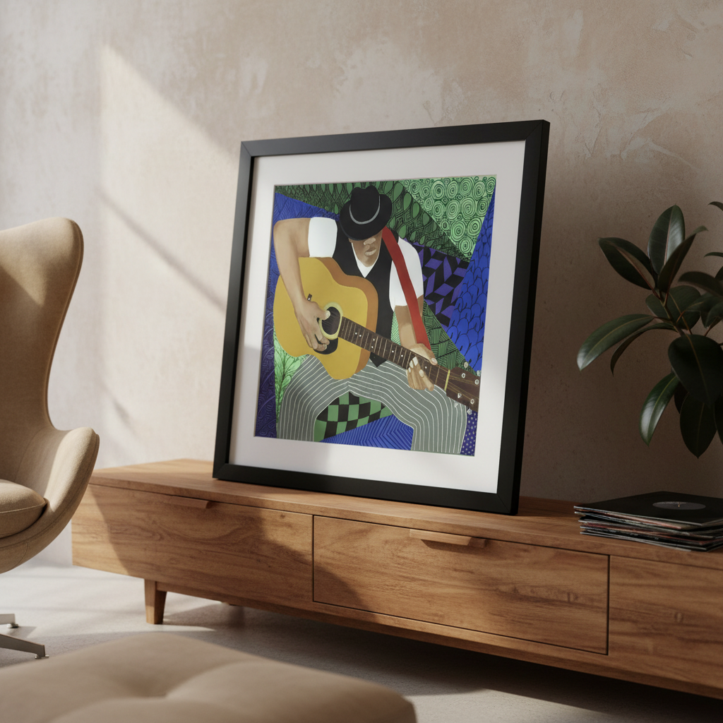 Tangle Guitar framed giclee print in black frame on a credenza — Black jazz guitarist art