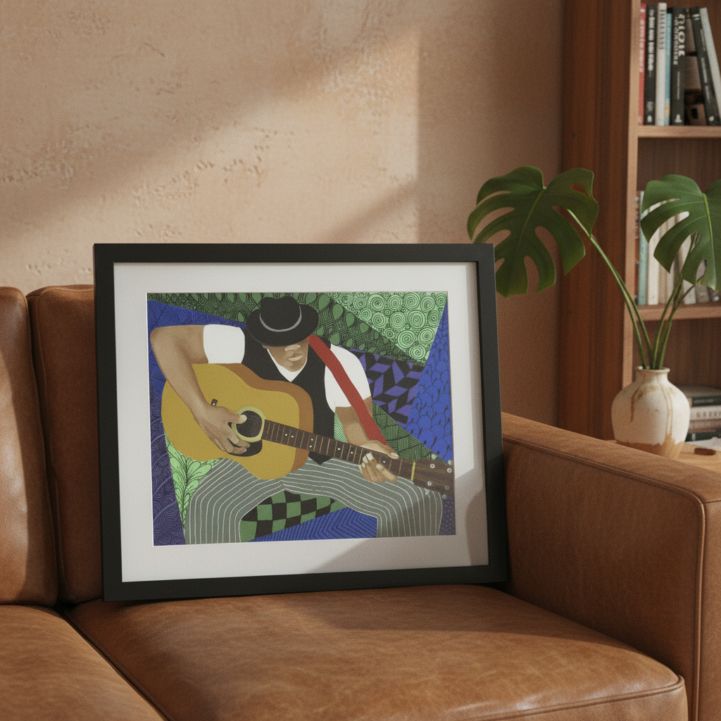 Tangle Guitar framed giclee print in black frame leaning against a sofa, film-style photography — Black jazz guitarist art