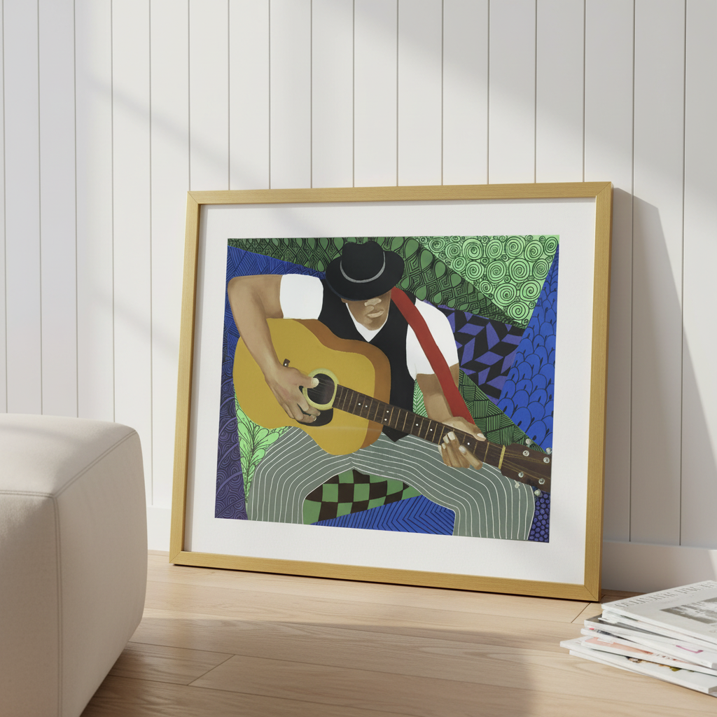 Tangle Guitar framed giclee print in gold frame, floor lean low-angle shot — Black jazz guitarist art