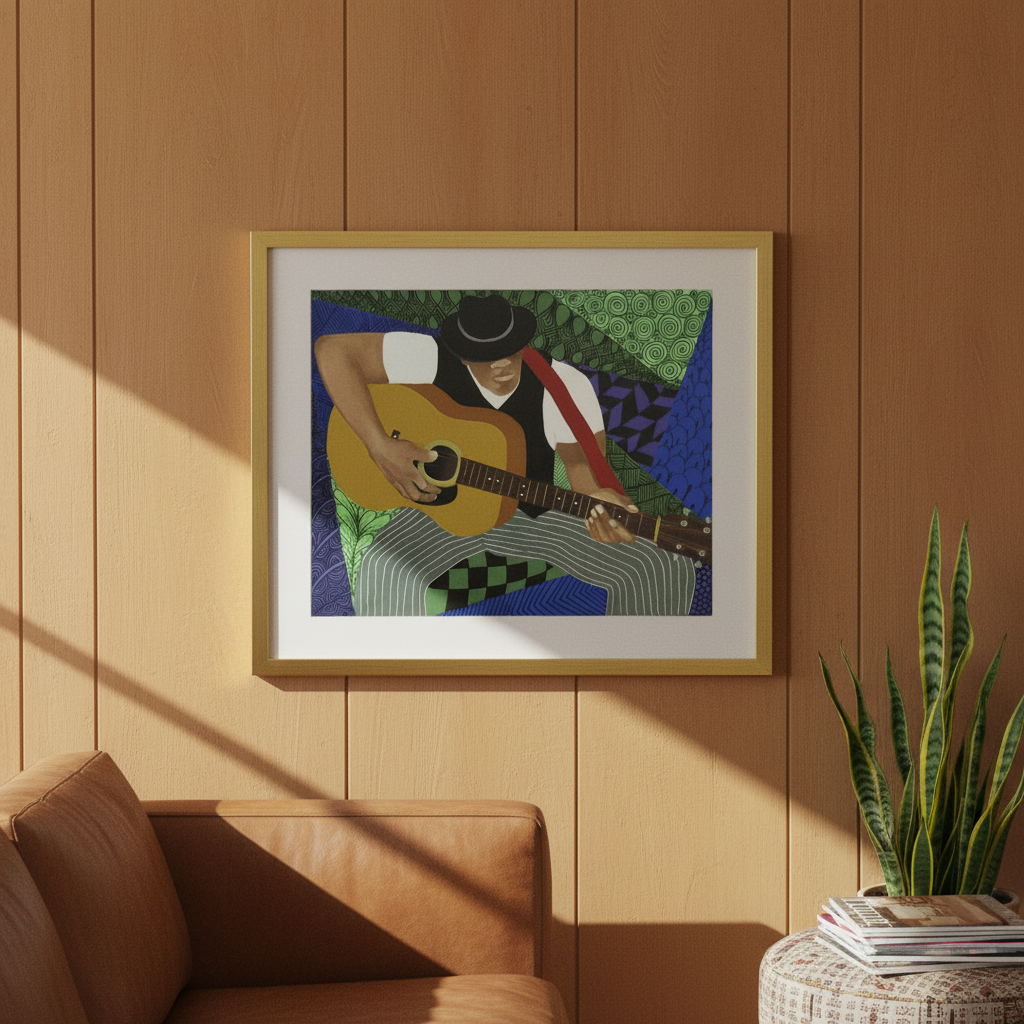 Tangle Guitar framed giclee print in gold frame, lifestyle styling — Black jazz guitarist art