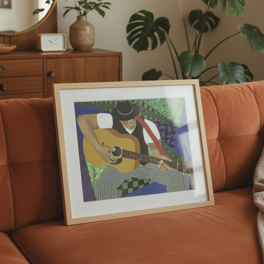 Tangle Guitar framed giclee print in natural frame leaning against a sofa, editorial styling — Black jazz guitarist art