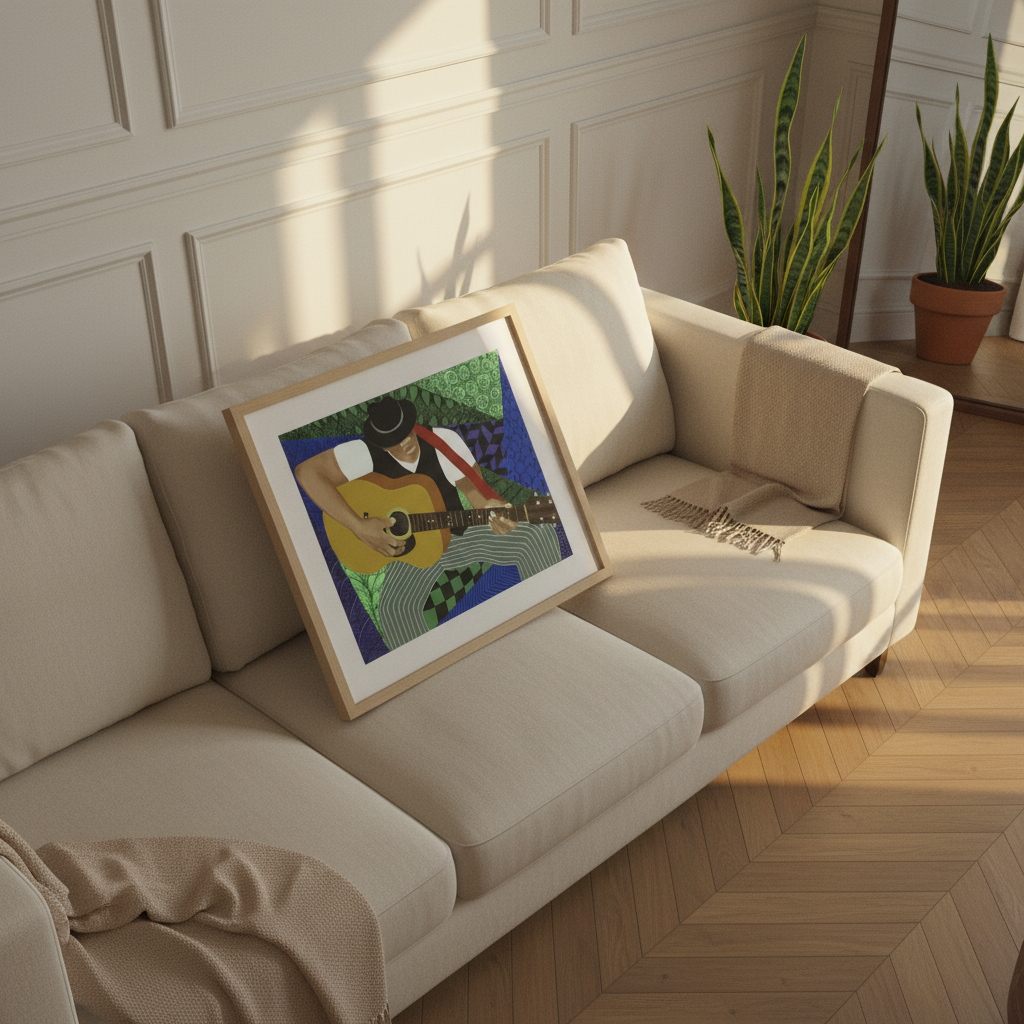 Tangle Guitar framed giclee print, Parisian golden hour styling — Black jazz guitarist art