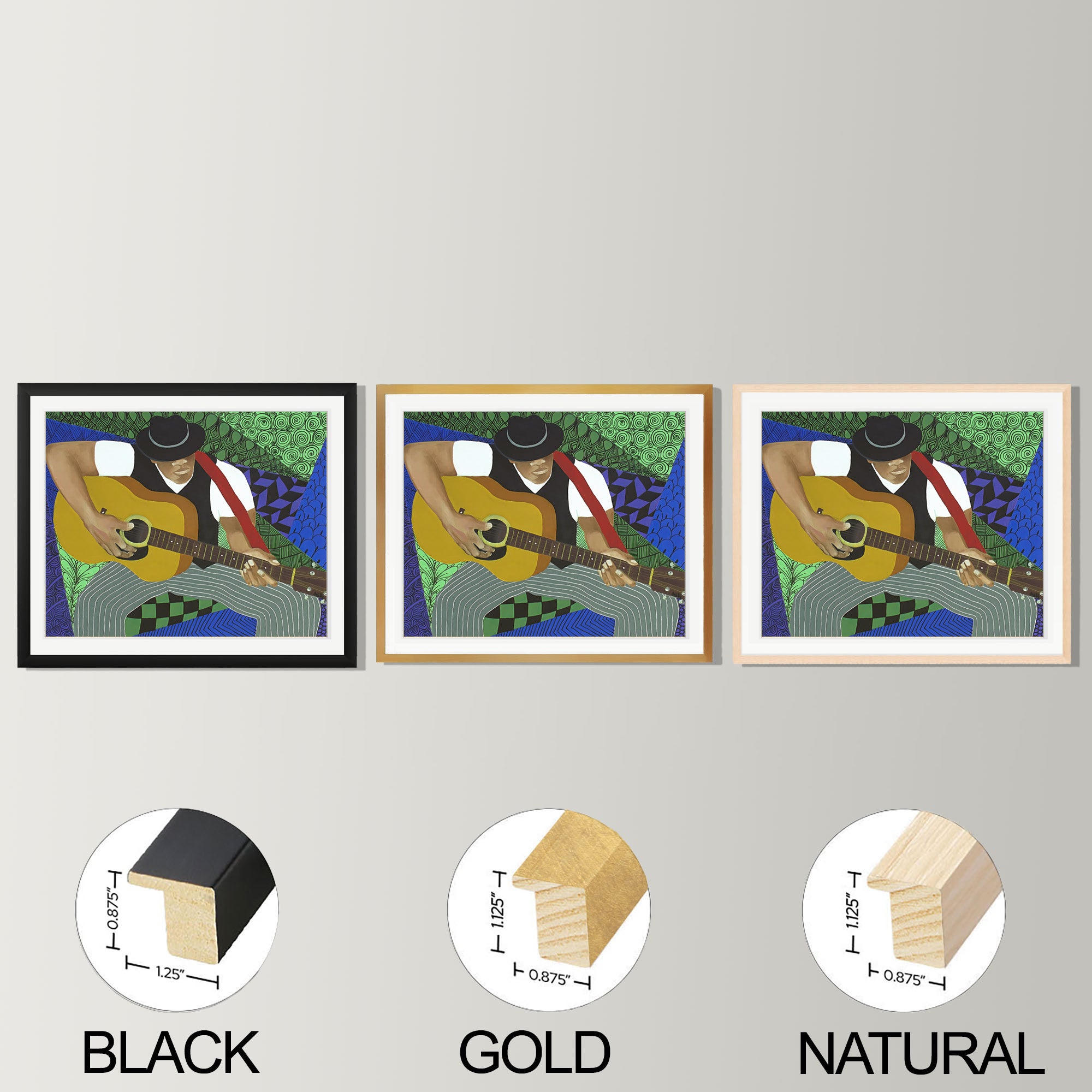 Tangle Series Guitar Player Fine Art Print  -  Framed African American Blues Folk Music Art