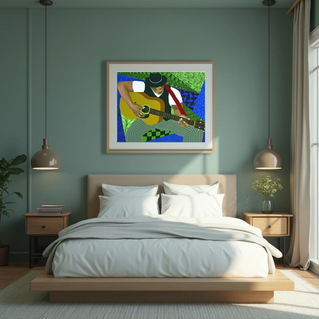 Tangle Series Guitar Player Fine Art Print  - African American Blues Folk Music Art Contemporary Wall Decor