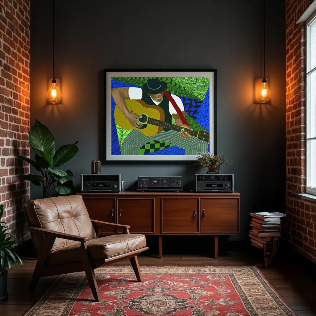 Tangle Series Guitar Player Fine Art Print  -  Framed African American Blues Folk Music Art