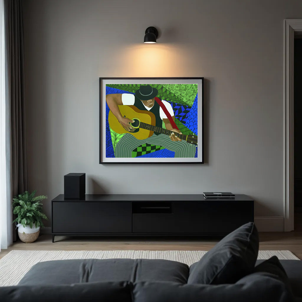 Tangle Series Guitar Player Fine Art Print  -  Framed African American Blues Folk Music Art