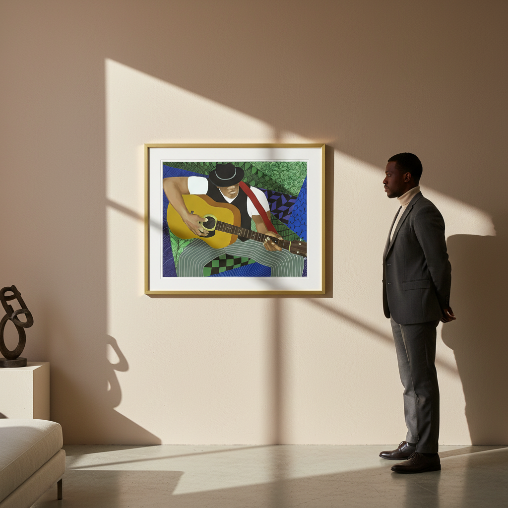 Tangle Guitar giclee print — abstract jazz guitarist art, editorial shot with viewer for scale