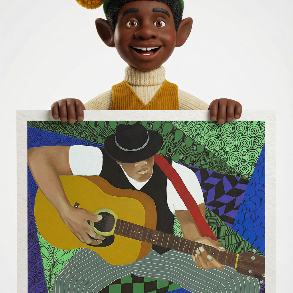 Tangle Series Guitar Player Fine Art Print  - African American Blues Folk Music Art Contemporary Wall Decor