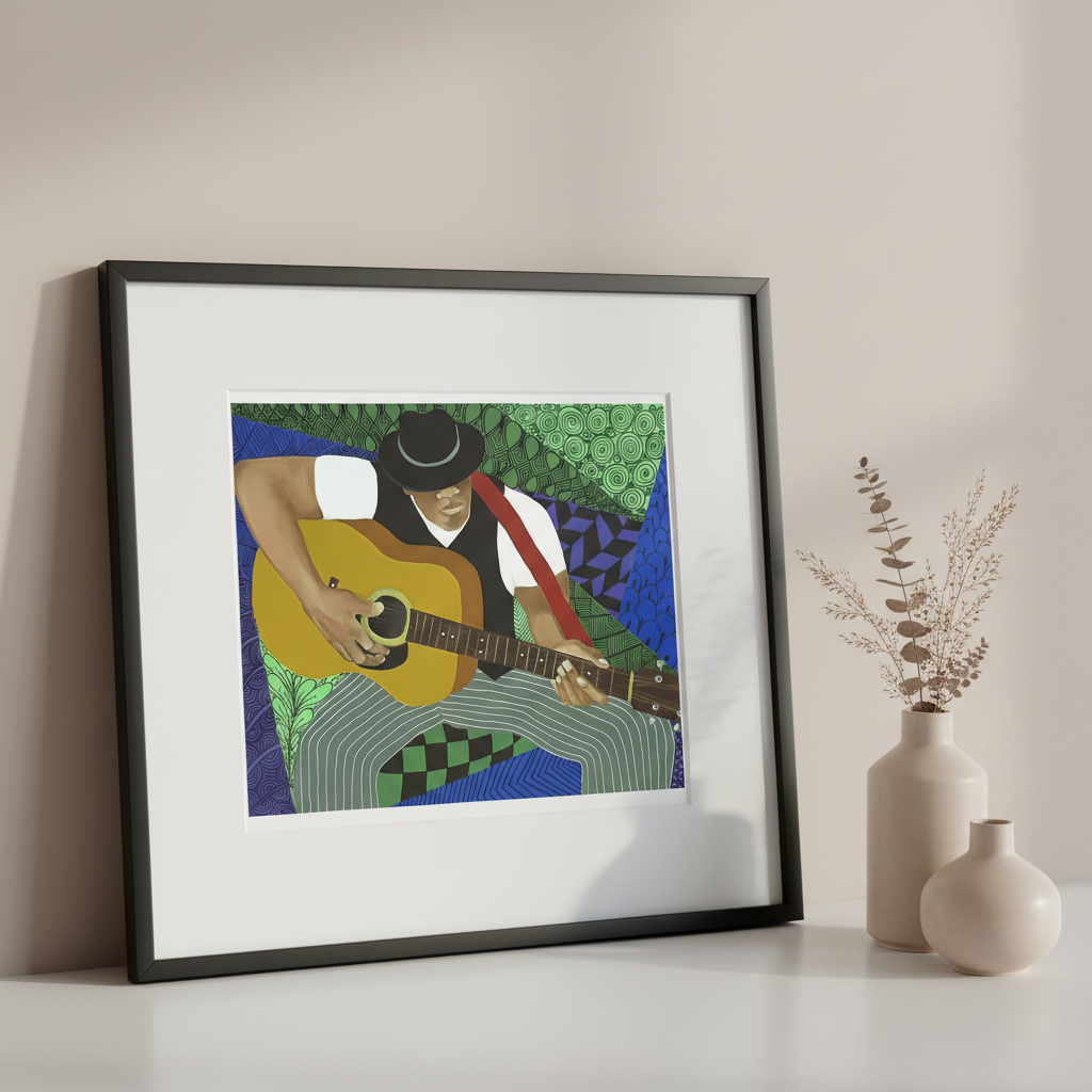 Tangle Guitar giclee print — abstract jazz guitarist art in minimal tabletop display, black frame