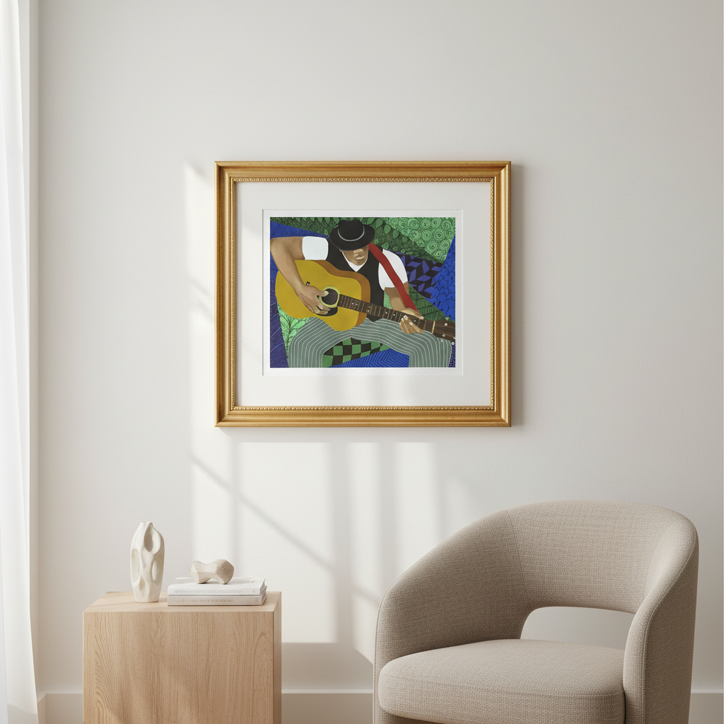 Tangle Guitar giclee print — abstract jazz guitarist art in a modern living room, gold frame