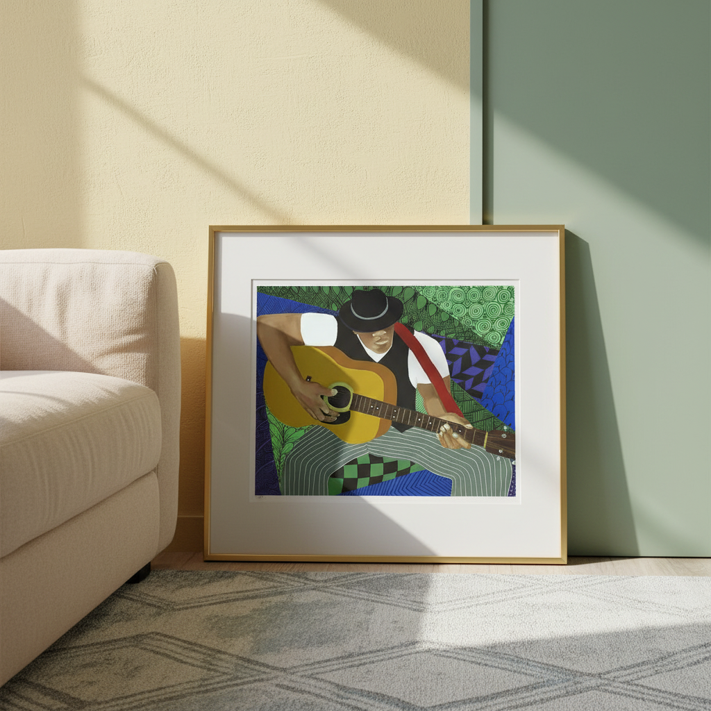 Tangle Guitar giclee print — abstract jazz guitarist art in a pastel-toned corner, gold frame
