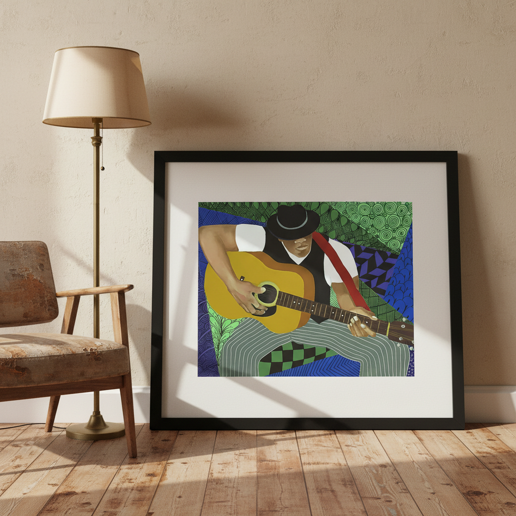 Tangle Guitar giclee print — abstract jazz guitarist art in a vintage vignette, black frame