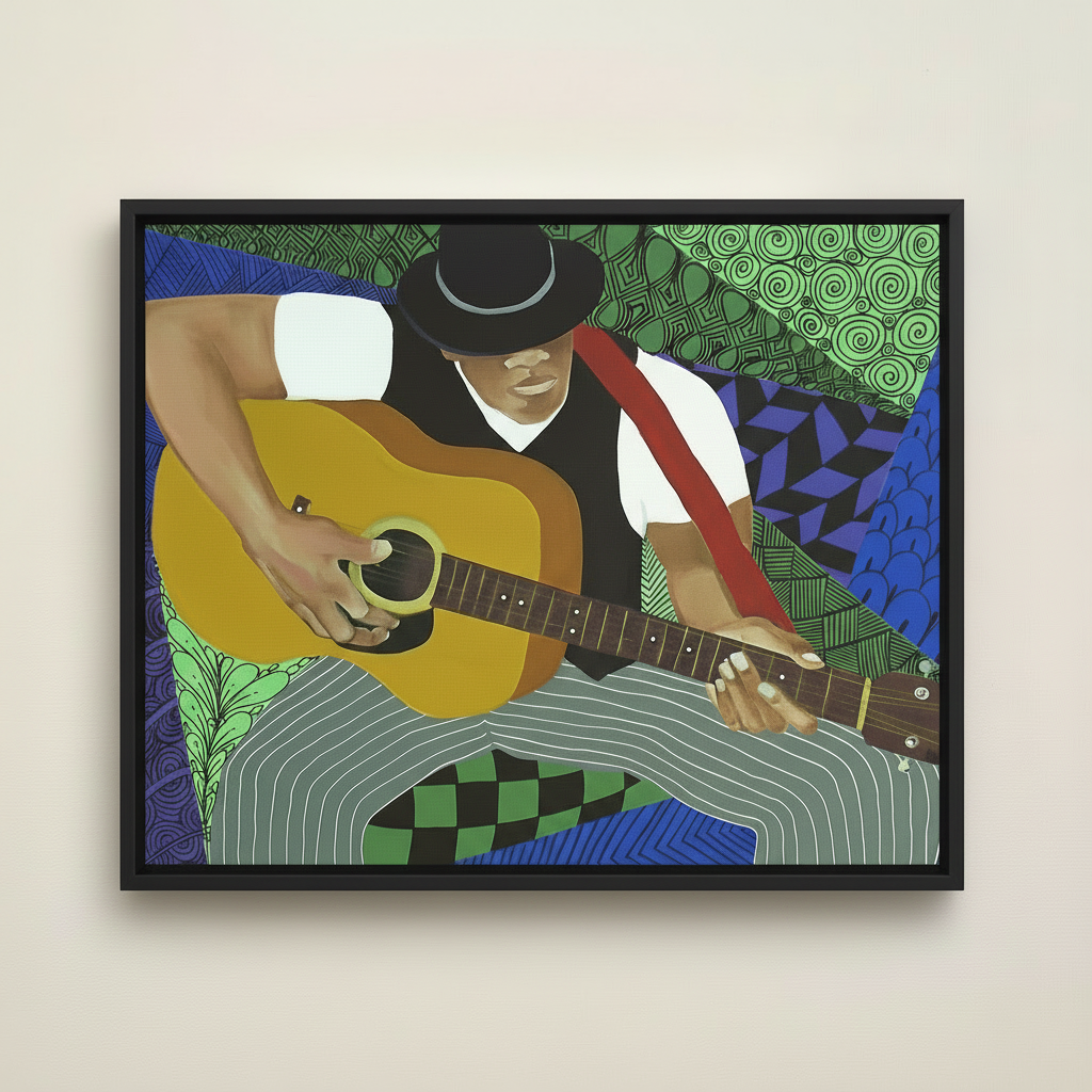 Black Blues Guitarist Framed Canvas Wall Art | Home Decor