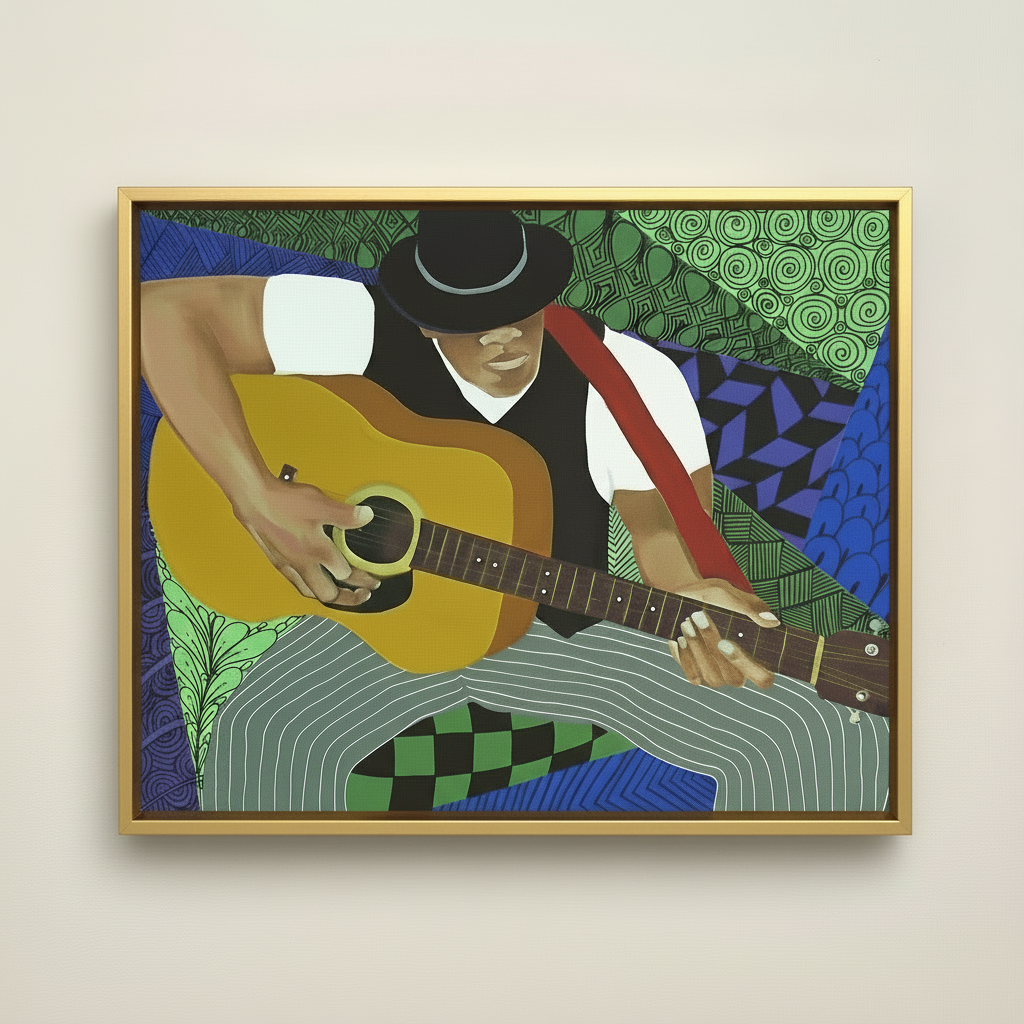 Tangle Guitar — Framed Canvas Print, Gold