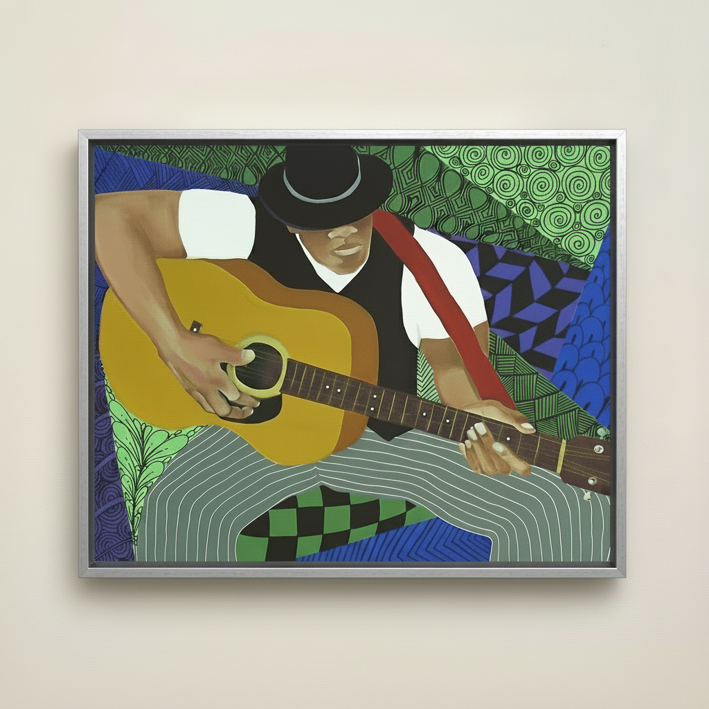 Tangle Guitar — Framed Canvas Print, Silver