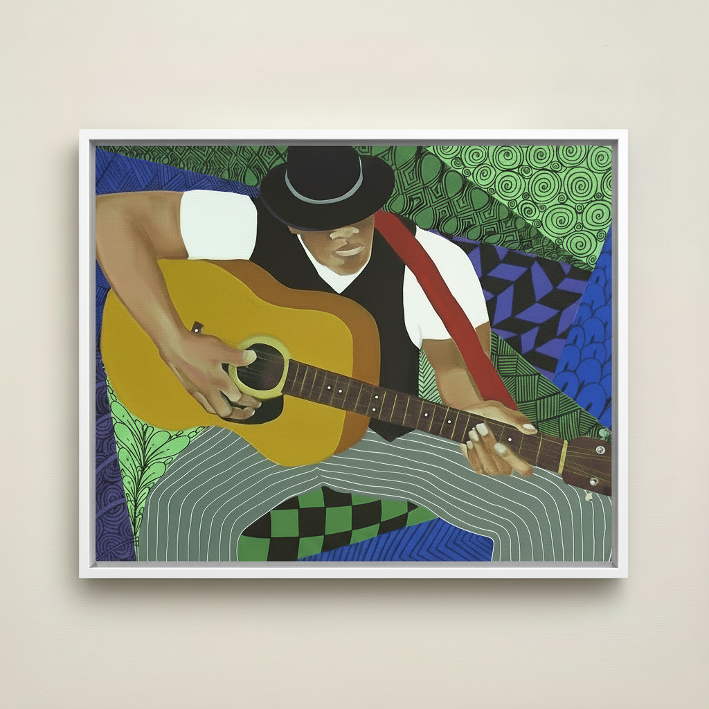 Tangle Guitar — Framed Canvas Print, White