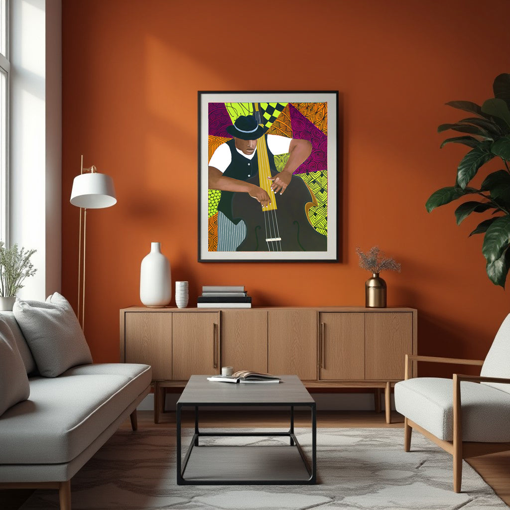 Living room with orange walls, a sofa, coffee table, and large african american art print framed.