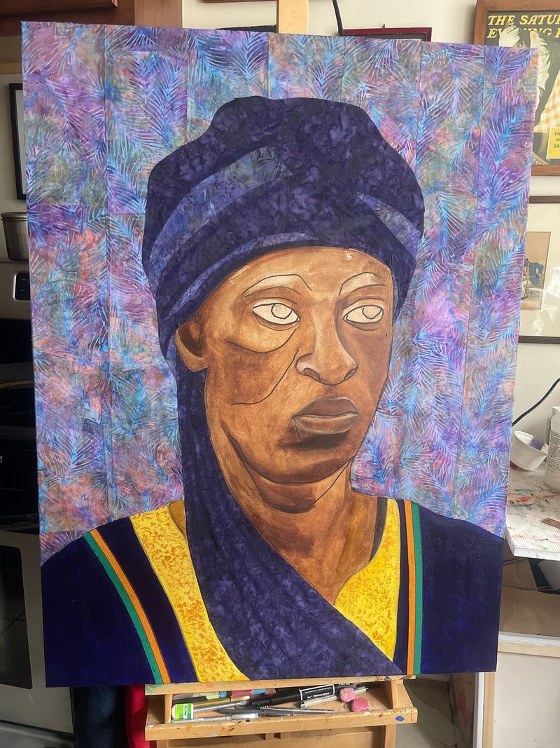 Colorful abstract painting of a face with a blue and gold headscarf