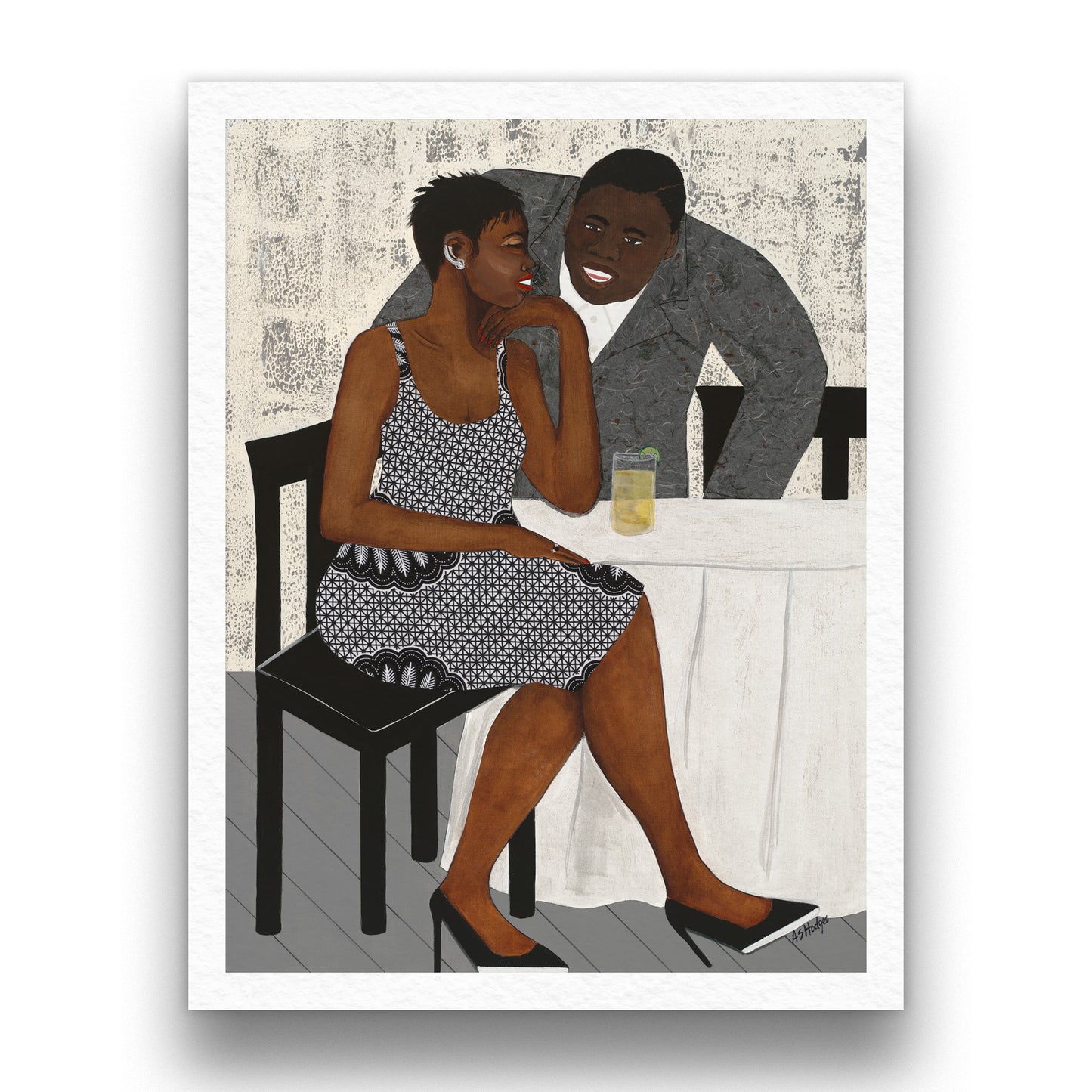 Black art print 'The Conversation' by Antionette Simmons Hodges. Depicts a couple engaged in an intimate dialogue, with a woman in an African-inspired dress and a man in a textured jacket, set against a warm, abstract background.