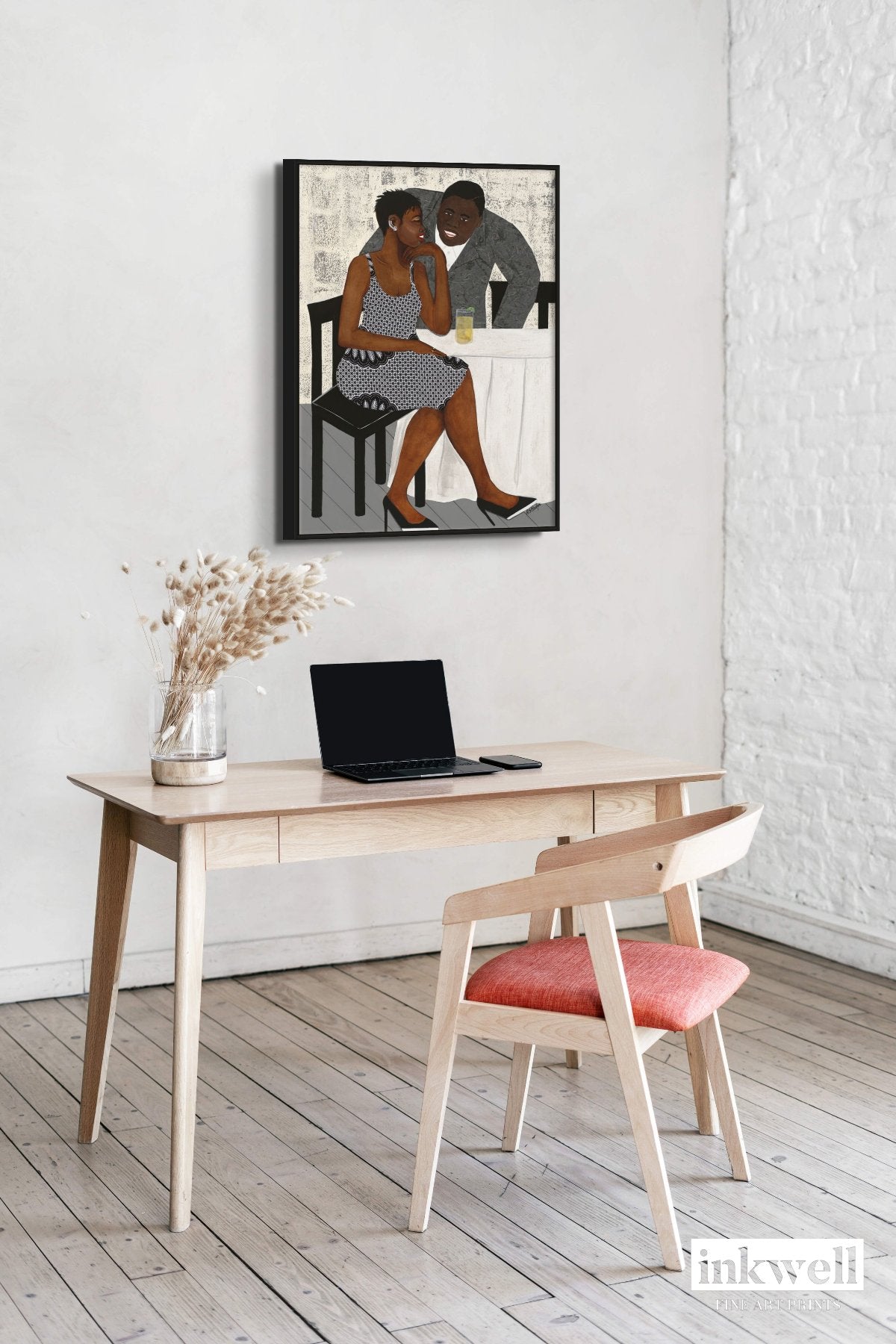 'The Conversation' framed stretched canvas: African American couple in vibrant attire, engaged in deep conversation, set against a warm, abstract background.