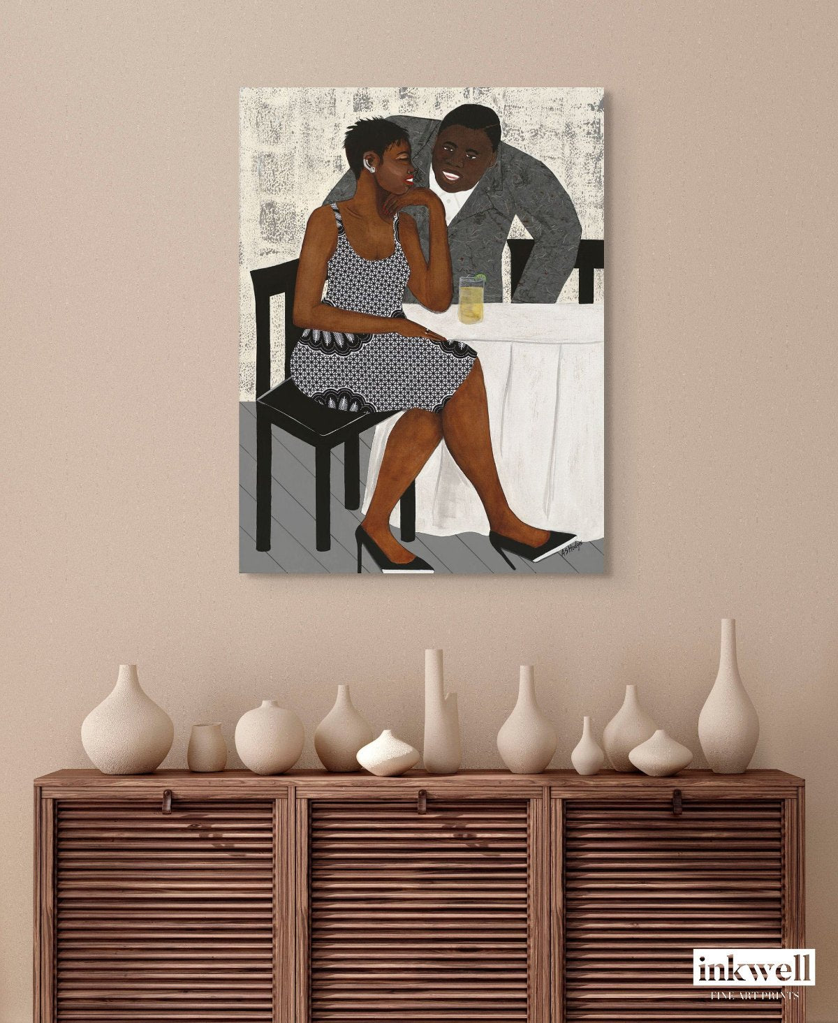 'The Conversation' canvas print: Black couple engaged in dialogue, featuring vibrant clothing and a rich, artistic background, capturing the essence of their conversation.