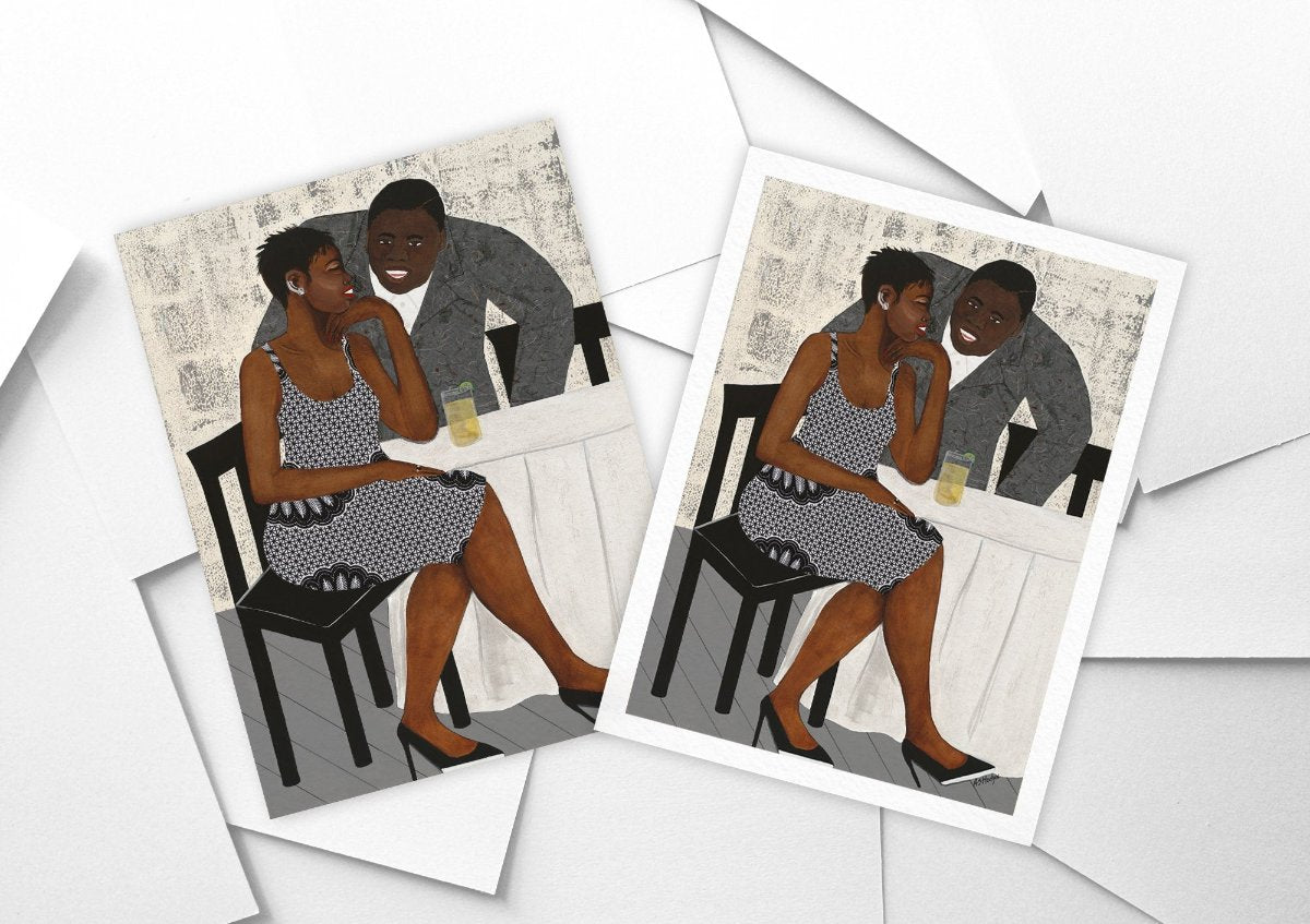 'The Conversation' fine art print: A couple engaged in an intimate dialogue, with the woman in an African-inspired print dress and the man in a gray jacket, set against a warm-toned background. shown with or without white border.