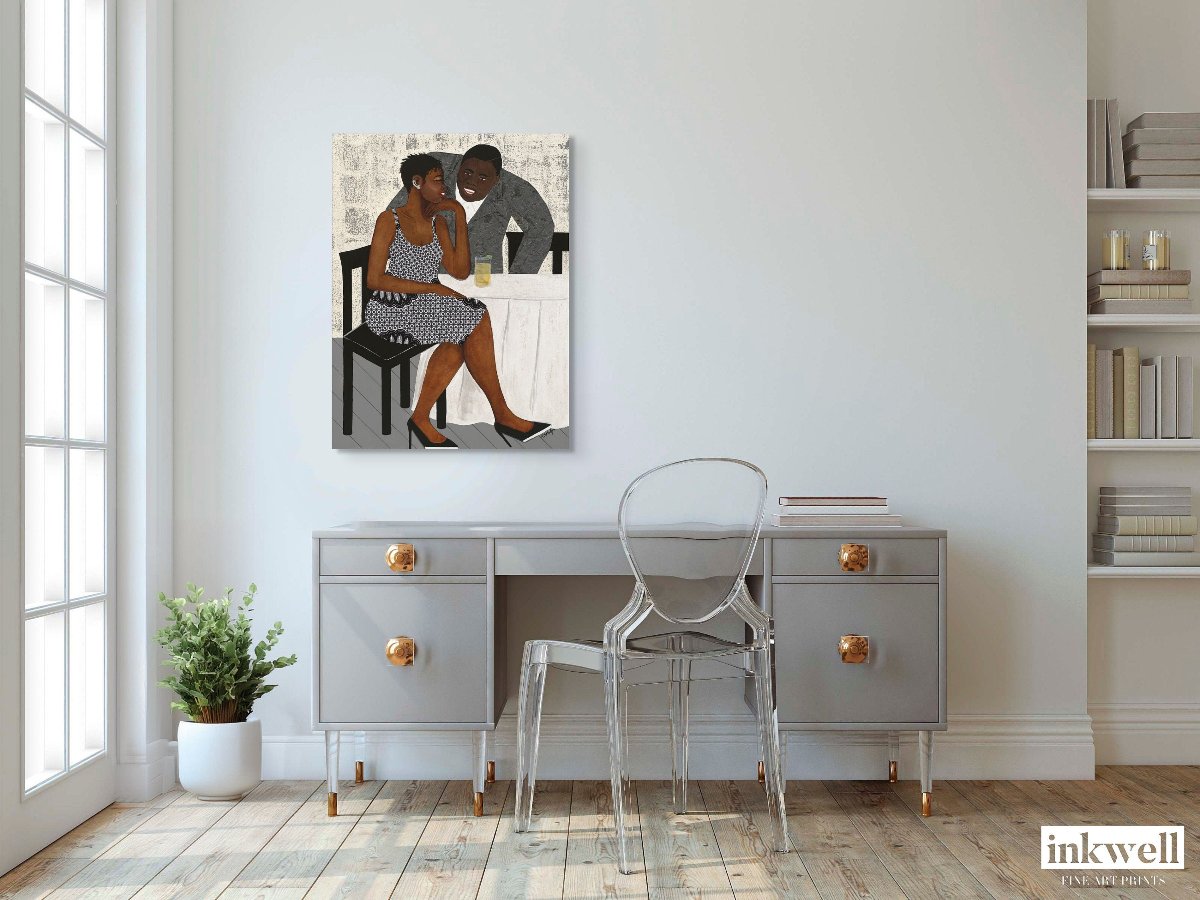 'The Conversation' canvas artwork: African American couple in an engaging exchange, with vibrant clothing and a sophisticated backdrop.