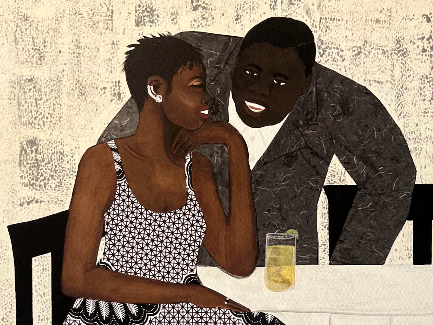 Detail of 'The Conversation' fine art print: A couple engaged in an intimate dialogue, with the woman in an African-inspired print dress and the man in a gray jacket, set against a warm-toned background. shown with or without white border.