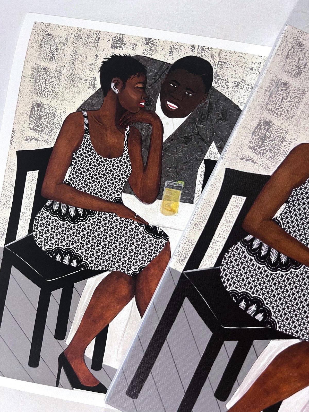 Detail of fine art print 'The Conversation' fine art print: A couple engaged in an intimate dialogue, with the woman in an African-inspired print dress and the man in a gray jacket, set against a warm-toned background. shown with or without white border.