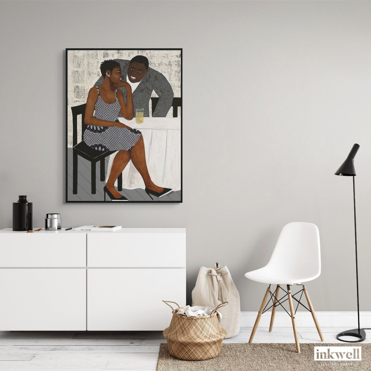 'The Conversation' framed canvas art: African American couple in lively dialogue, with the woman's bold dress and the man's stylish jacket, framed elegantly.