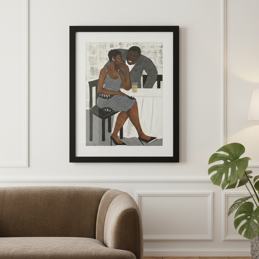 The Conversation framed giclee print in black frame, Parisian wall styling — Black couple art