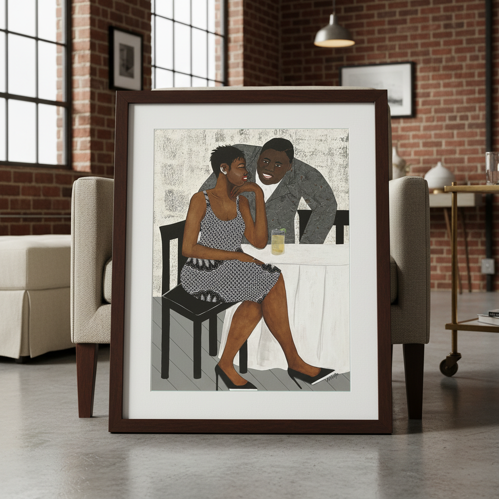 The Conversation framed giclee print in espresso frame, industrial chair lean styling — Black couple art