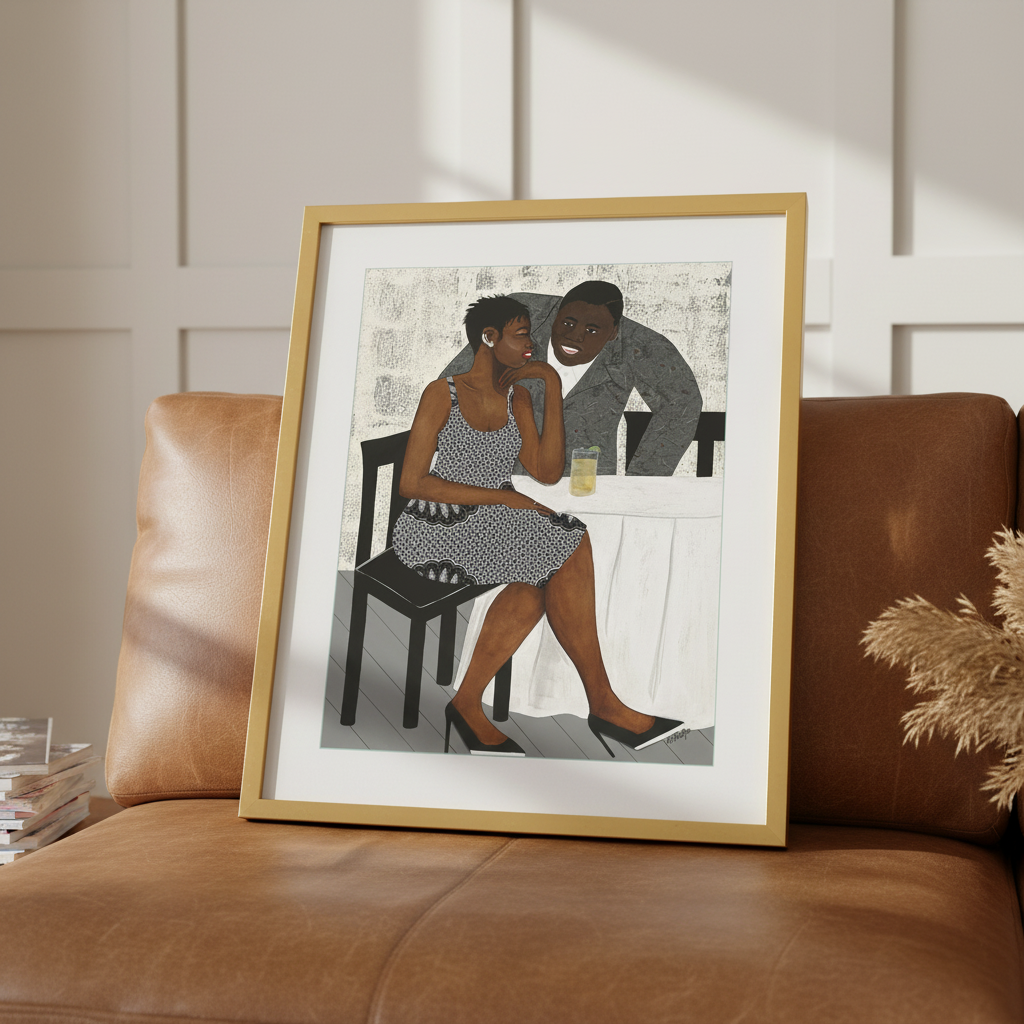 The Conversation framed giclee print in gold frame, minimalist low-angle shot — Black couple art