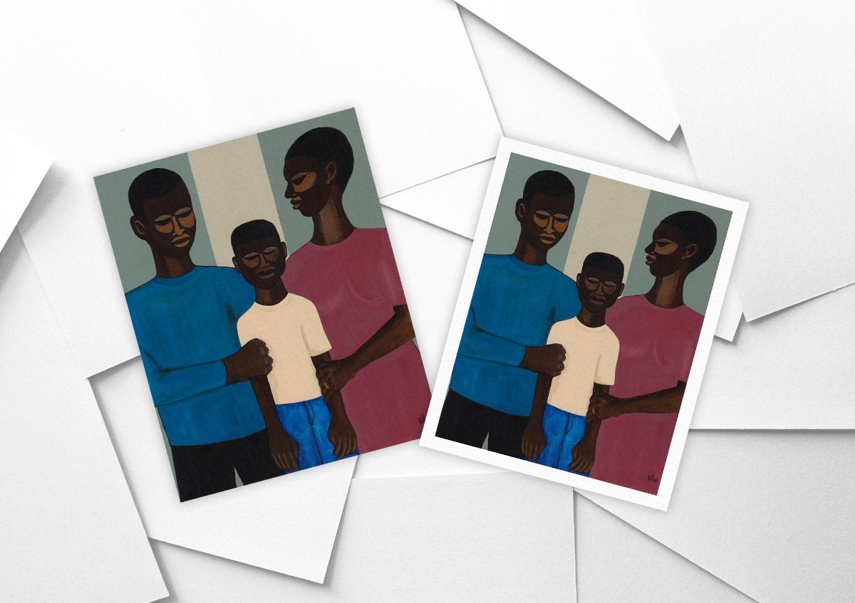 'The Family' fine art print: Stylized depiction of an African American family, with two adults and a child, set against a muted background, symbolizing unity and strength. shown with or without white border