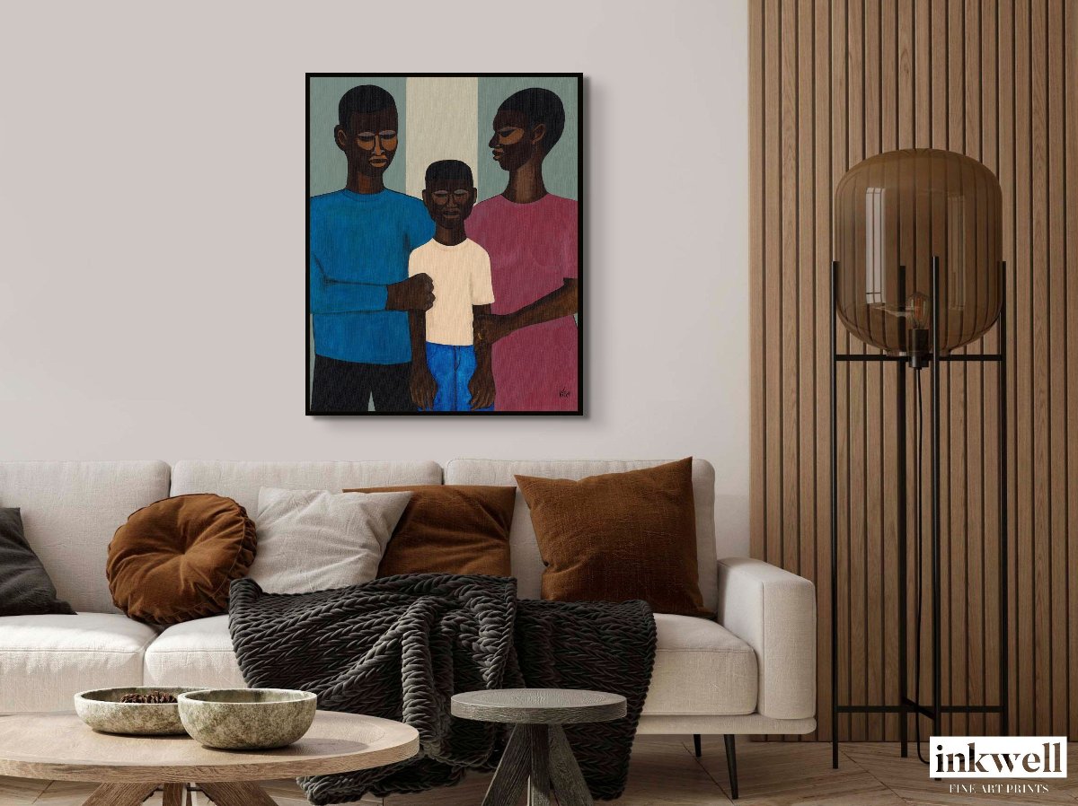 'The Family' stretched canvas with frame: Black family in a solemn, stylized portrayal, with embracing figures and a muted background, emphasizing enduring family connections.