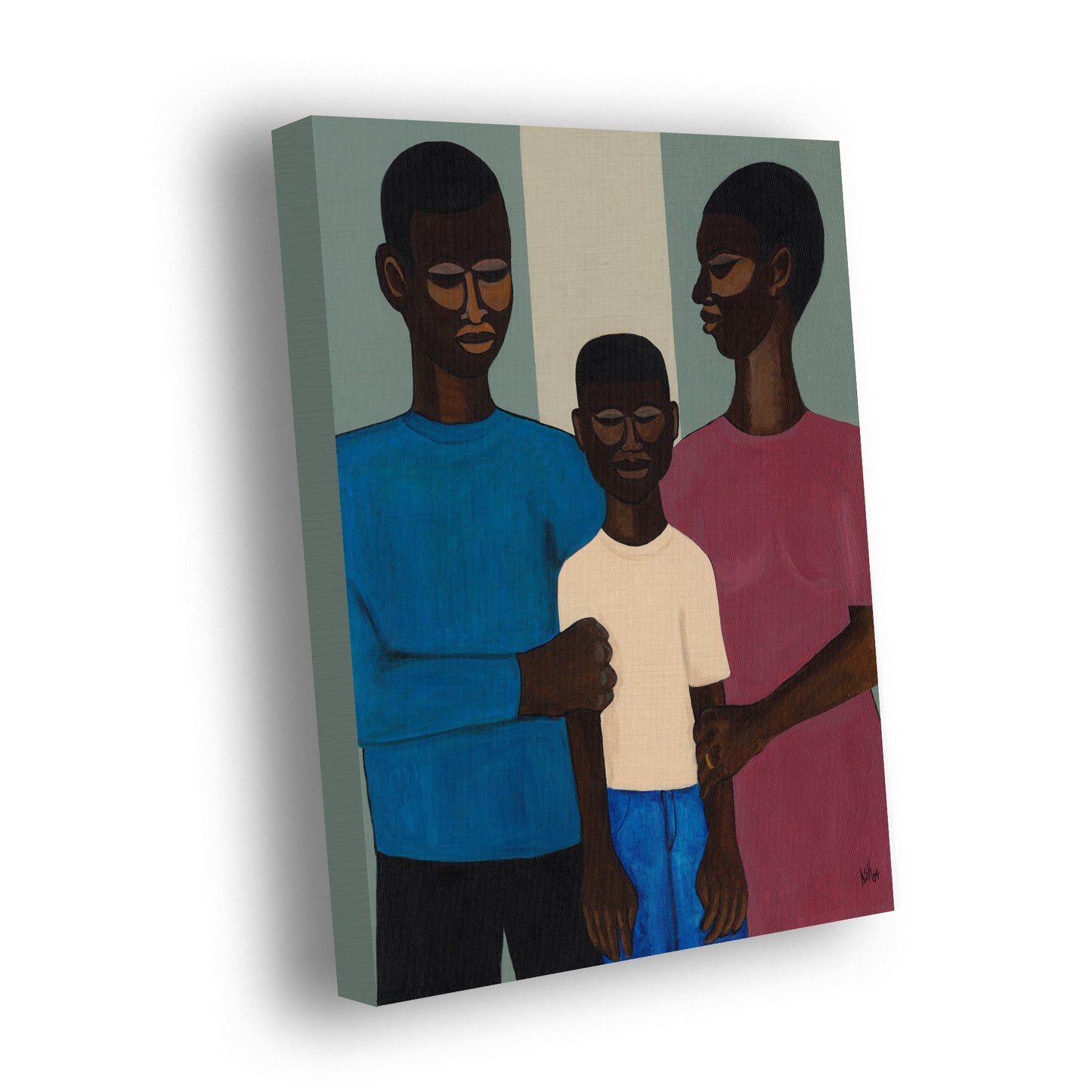 Stretched canvas print titled 'The Family' by Antionette Simmons Hodges. The artwork portrays three figures—a child in a white shirt and blue pants, embraced by two adults, his parents. The father wears a blue top, and the mother is in pink. Their simplified, mask-like expressions convey a deep sense of unity and family bonding. The piece reflects on the generational trauma of slavery while celebrating the perseverance of familial love and togetherness.